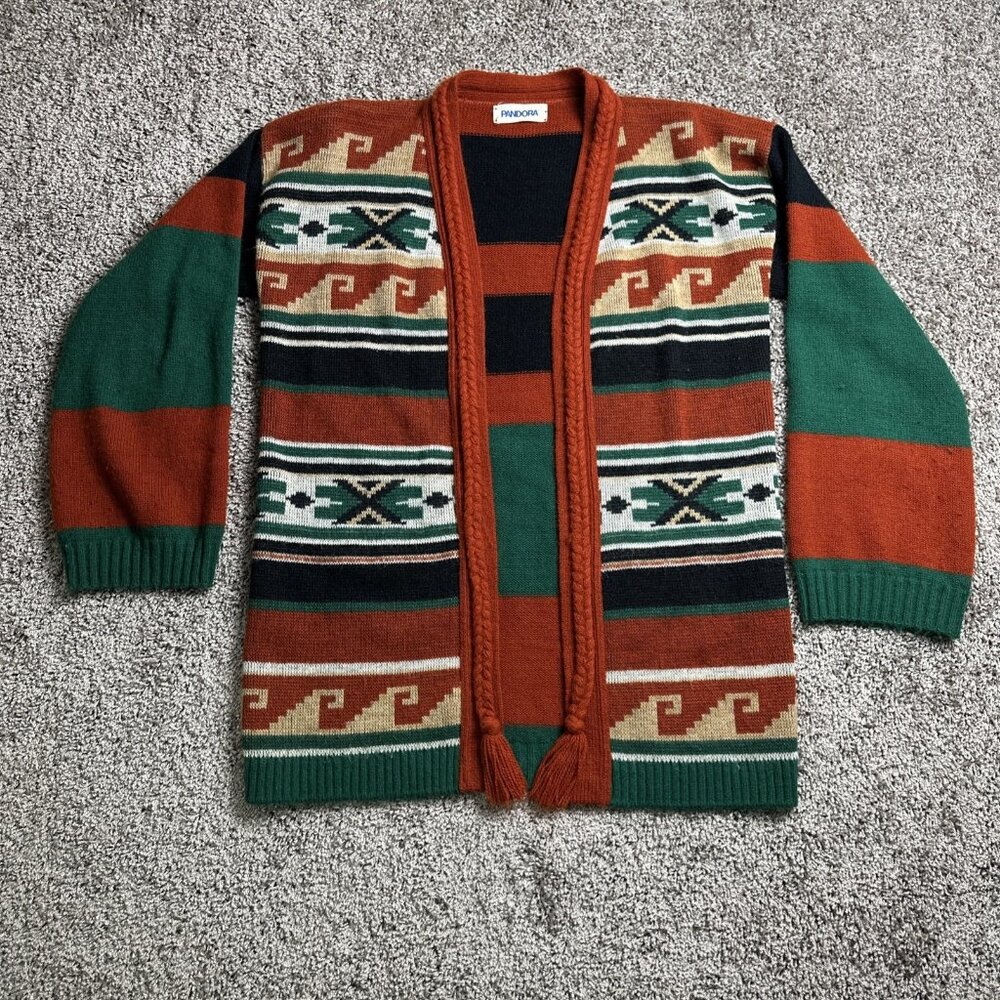 Vintage 70s Pandora Southwestern Knit Cardigan Sweater Red Black Green Aztec